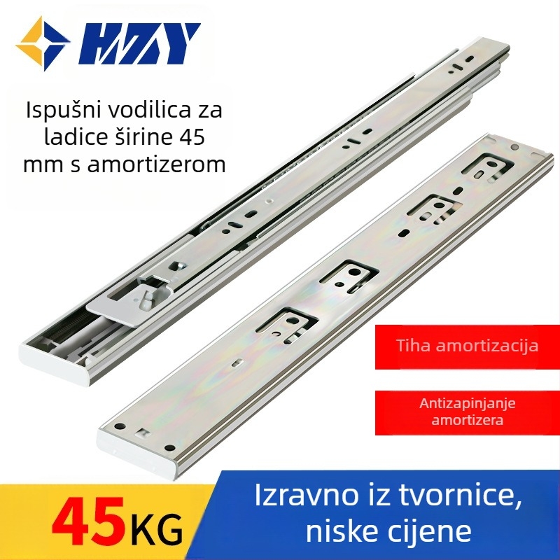 Trosekcijska tlmjiva vodilica ladice za namještaj s čeličnim kugličnim bufferom, teleskopskom stazom, HA4523, čelik, elektroplatirani premaz, nosivost 45 kg