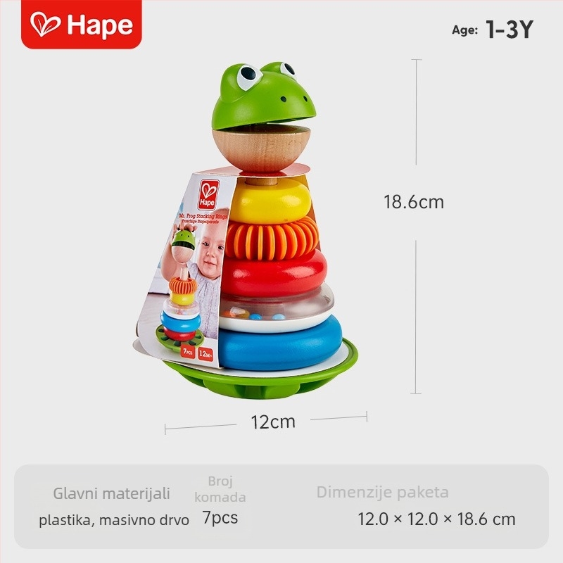 Hape Frog Ring Drvena slagalica za slaganje – poticanje kognitivnih sposobnosti, lotus drvo, devet prstena, za djecu 0–3 godine