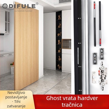 Set hardvera za klizna vrata: nevidljivi vodilica tračnice, dvostrani amortizer, cinkov legura, model DFL-GC010, Ding Fule, moderan minimalistički stil