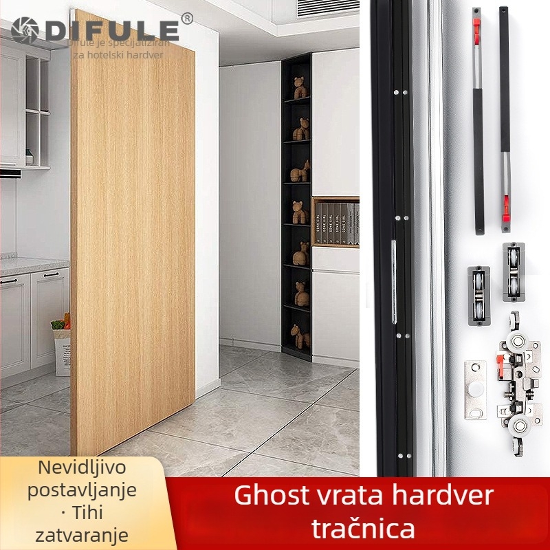 Set hardvera za klizna vrata: nevidljivi vodilica tračnice, dvostrani amortizer, cinkov legura, model DFL-GC010, Ding Fule, moderan minimalistički stil