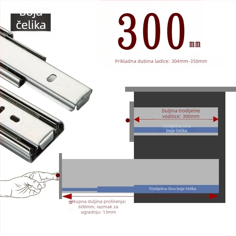 Vodič ladice ormara - tri sekcije tiha šina, čelik hladnog valjanja, model Slide, marka Le Tai's Home