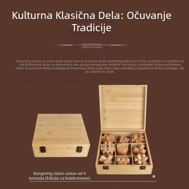 Kongming Lock drveni set od devet dijelova – edukativna igra za djecu 4–6 godina