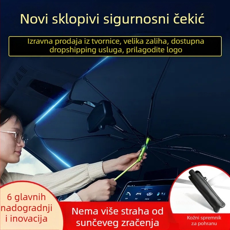 Auto sjenilac za prednje vjetrobransko staklo, sklopivi, ugradnja klikom, univerzalna prilagodba, mogućnost ispisa logotipa.