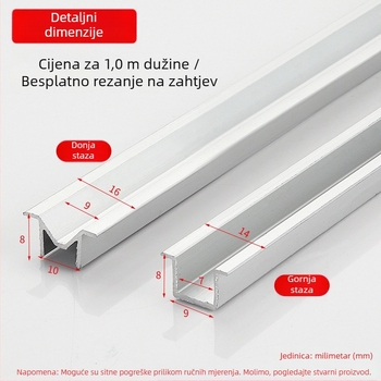 Aluminijski sklop za jednu vrata ormara sa staklenim vratima – U-kanal, vodilica za klizna vrata, kotačić za vješanje, UV premaz, model 03, marka Yalida, modernan minimalistički stil