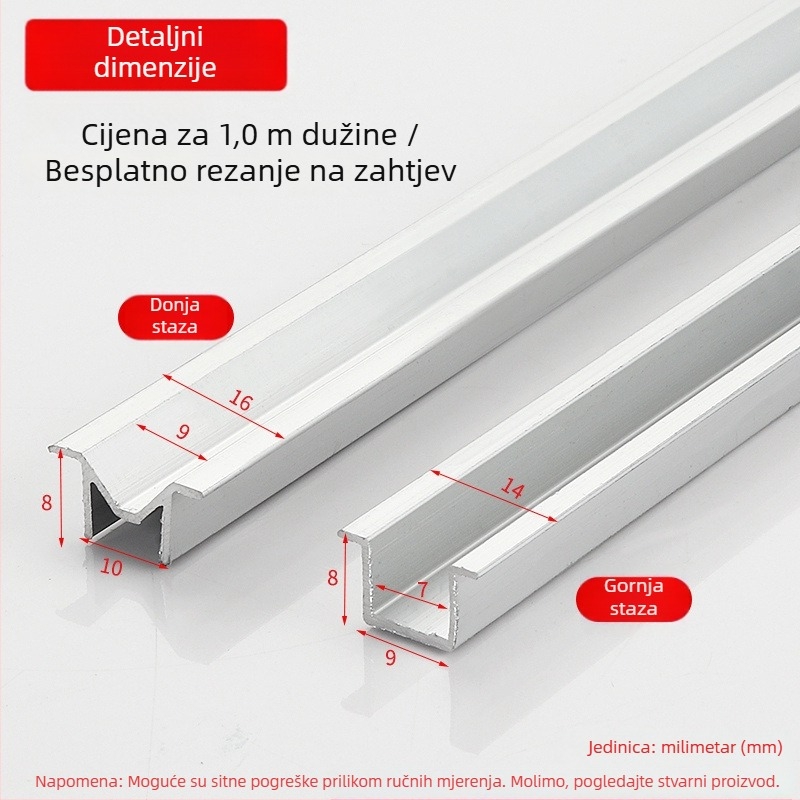 Aluminijski sklop za jednu vrata ormara sa staklenim vratima – U-kanal, vodilica za klizna vrata, kotačić za vješanje, UV premaz, model 03, marka Yalida, modernan minimalistički stil