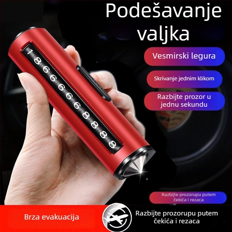 Metalna privremena pločica za parkiranje, 3 u 1: razbijač prozora i sigurnosni čekić te reznik, pločica s telefonskim brojem
