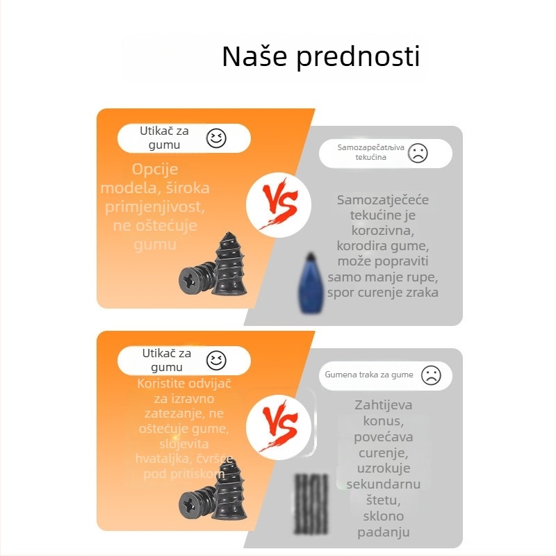 Alat za popravak guma s prirodnom gumom i pocinčanim navojem za automobile, motocikle i električna vozila