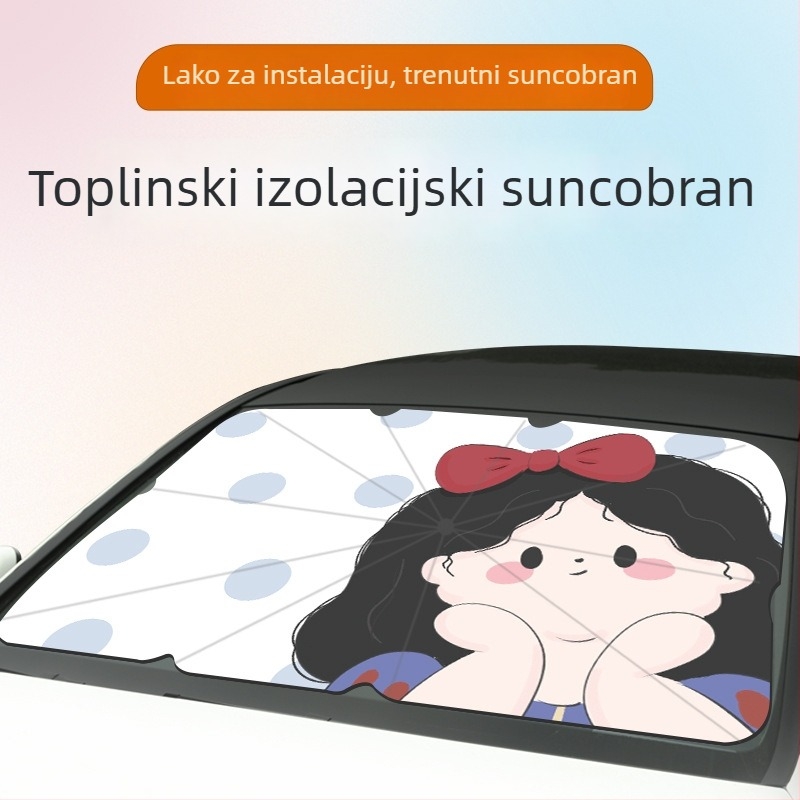 Auto sjenilo za sunce s motívom Cartoon Wind (Doodle Girl), aluminijska folija, teleskopska ugradnja, 400 g, tisak loga