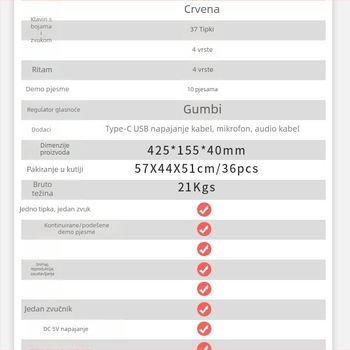 37-tipkovna elektronična klavijatura za početnike, edukativna višefunkcionalna igračka, plastična konstrukcija, BIGFUN brand, pogodna za uzrast 7–14 godina