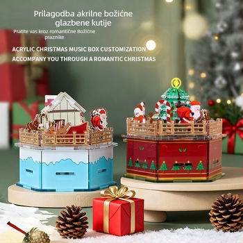 Akrilna božićna glazbena kutija — Prilagodljiv DIY rotirajući set, crtani stil, Louis marka, Mogu otisak logotipa