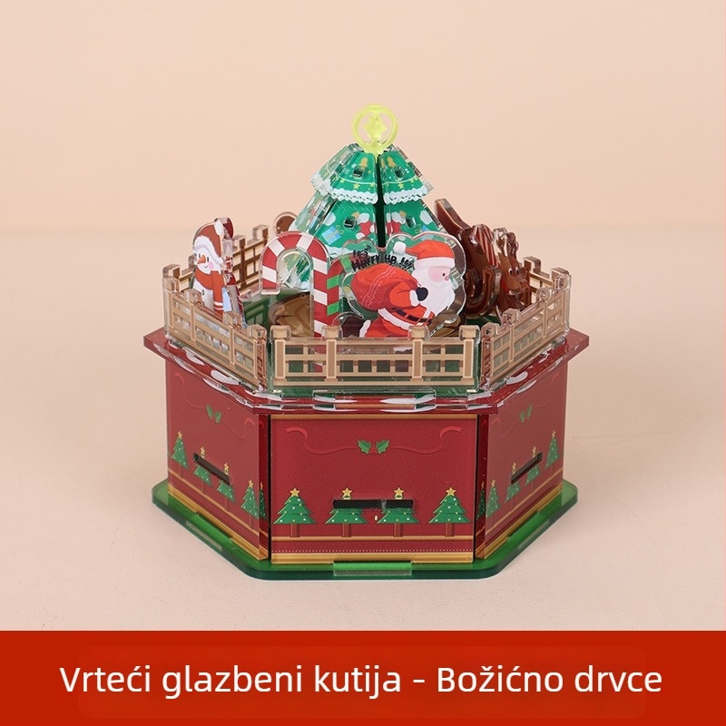 Akrilna božićna glazbena kutija — Prilagodljiv DIY rotirajući set, crtani stil, Louis marka, Mogu otisak logotipa