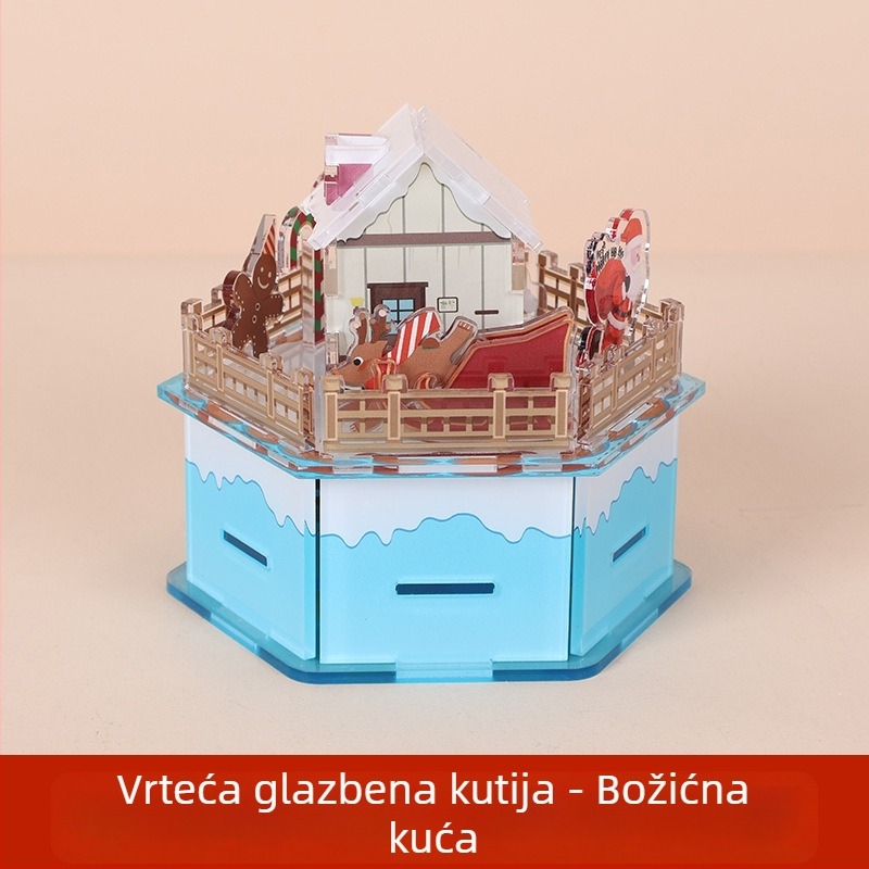 Akrilna božićna glazbena kutija — Prilagodljiv DIY rotirajući set, crtani stil, Louis marka, Mogu otisak logotipa