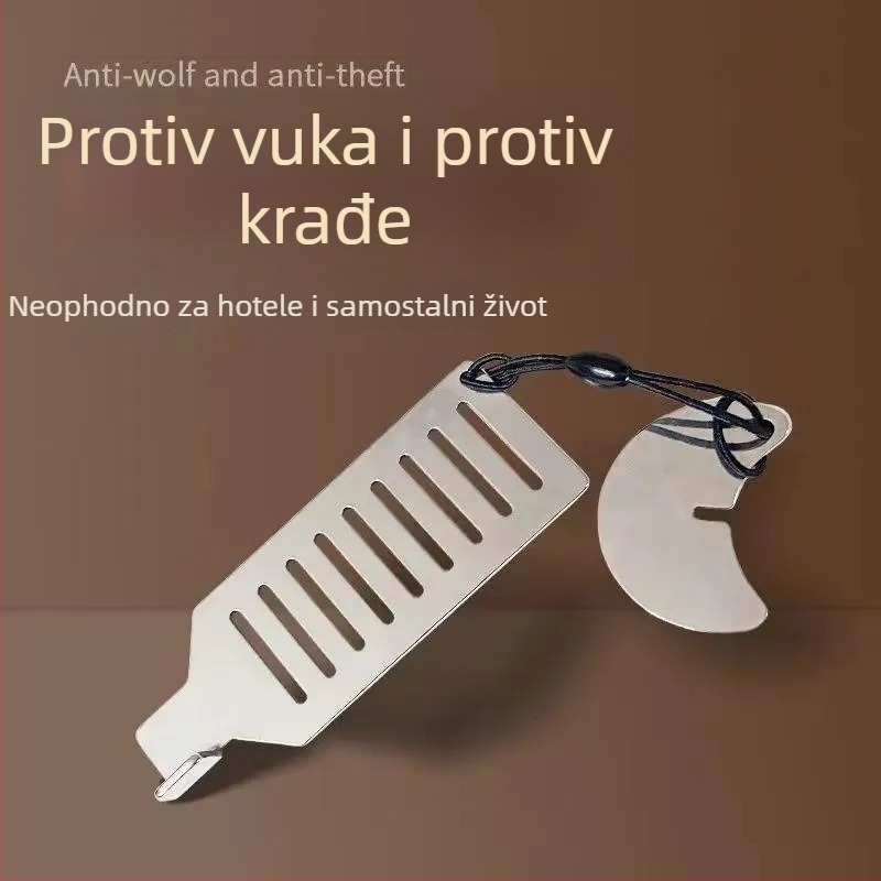 Protukrađni sigurnosni stopper za vrata — za žene koje žive same; prenosiv za putovanja; model L09, nehrđajući čelik; površinska obrada poliranje / galvanizacija; montaža Ct-03 s lancem; konstrukcija duga zid; ručno upravljanje