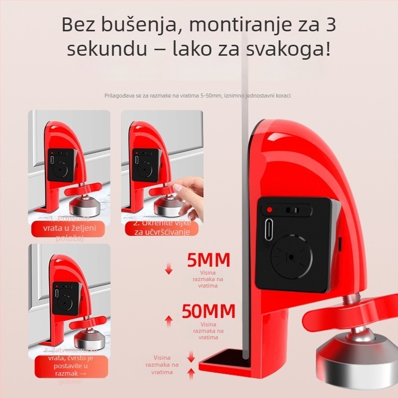 Vrata stopper LP01 - Metalni, gornja montaža, ručna instalacija, prijenosno, 5V, za dom, putovanja i hotele