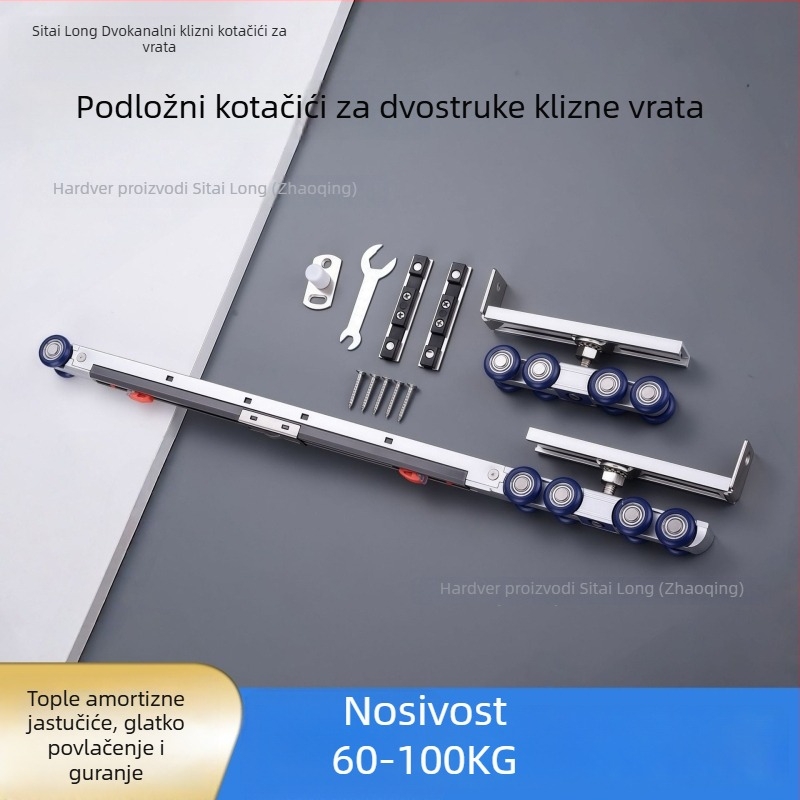 Drveni kotač za viseća vrata za klizna vrata – vodilica za klizna vrata s dvostrukim bufferom, cinkov legura, nosivost 80 kg, model 1104, marka SITAING