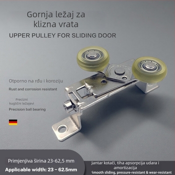 Kotačić protiv naginjanja za klizna vrata – gornje I-oblikovano kolut, metalni nosač + PU/POM ležaj, 604ZZ čelični ležaj, osovina 4 mm, nosivost 60 kg po kolu; pogodno za garderobu, balkonska i kuhinjska klizna vrata.