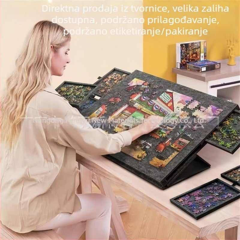 Kosi filc ploča za slaganje puzzli s nosačem i poklopcem, 6 ladica, prijenosna ploča za slaganje slagalica djeci