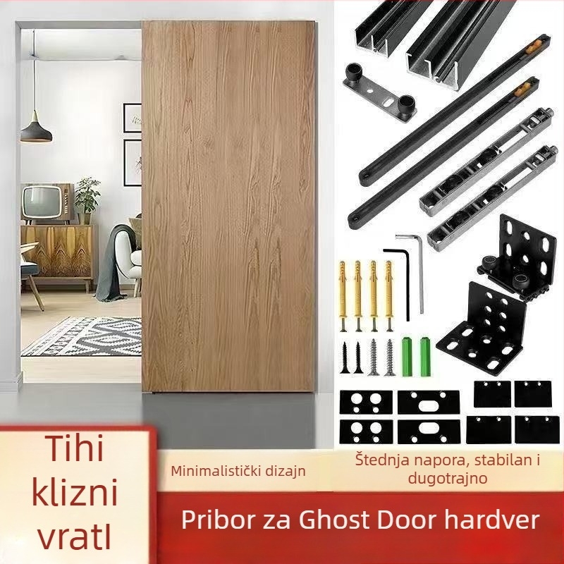 Set kotača za klizna vrata bez tračnice — nehrđajući čelik, dva kotača, dvostrano ublažavanje, skrivena šina, nosivost 80 kg, za kupaonska drvena vrata