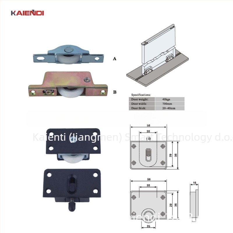 Mesingova tiha viseća kotačić za klizna vrata, modeli K-hw-09 (a,b) i K-hw-010; promjer osovine Ø25 mm; nosivost 40 kg; pogodno za drvena i staklena klizna vrata