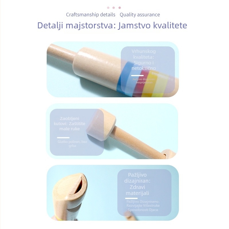 Drvena push-pull flauta za rani odgoj — razvoj senzorne i slušne percepcije; Materijal: drvo; Porijeklo: Zhejiang; Marke: Miyou Rabbit; Dob: 0–3 godine; Obuka: senzorna i slušna.