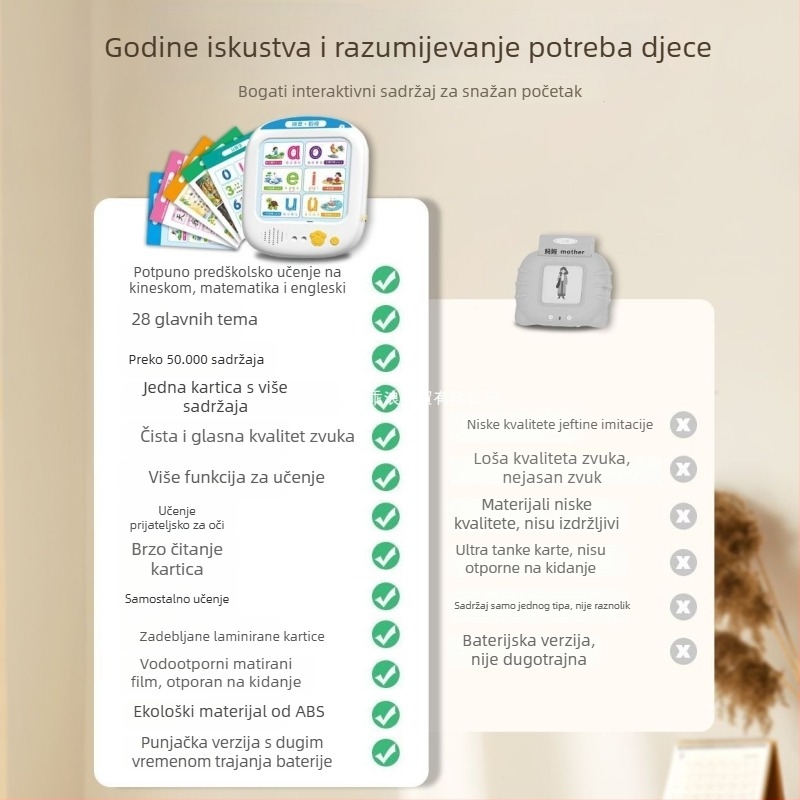 Kartično čitanje i učenje, dvojezično englesko-kinesko; glazba i glas; plastično kućište; bez memorije; za djecu 0–3 godine