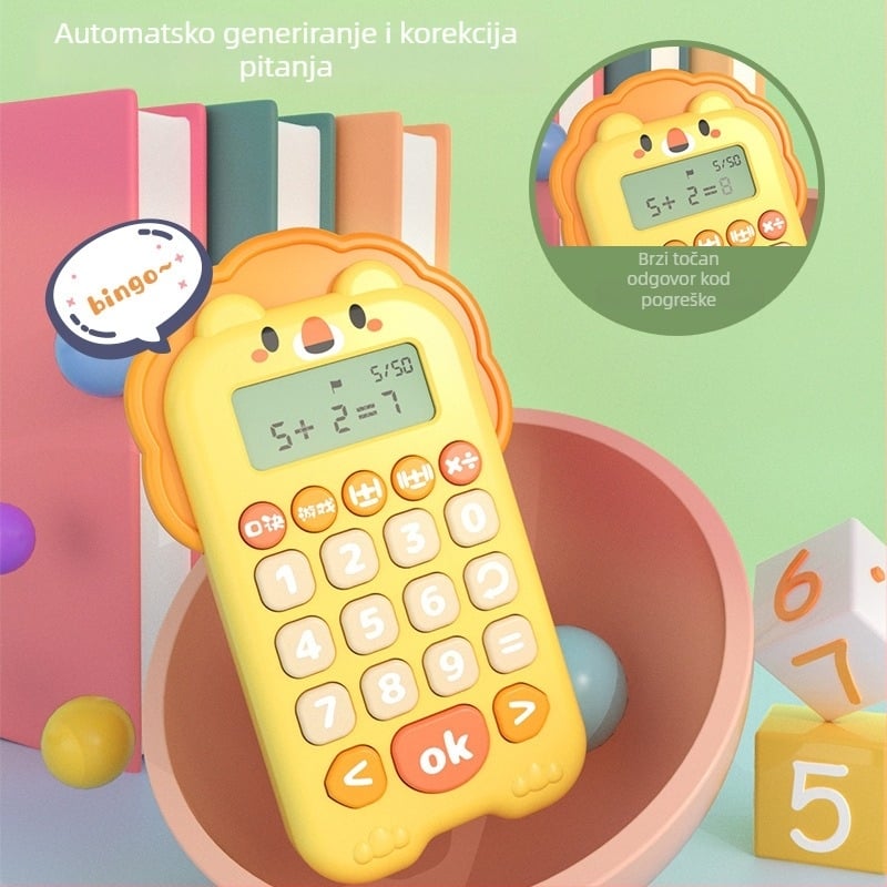Edukativni stroj za djecu — Dizajn crtani lav, vježbanje matematike, plastično kućište, napajanje suhim baterijama, uzrast 4–6 godina