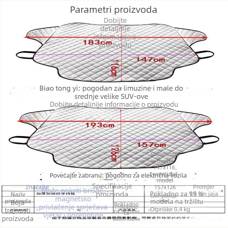 Kviltani snježni štit za prednje staklo automobila, tri sloja pamuka, ugradnja karticom, univerzalna kompatibilnost