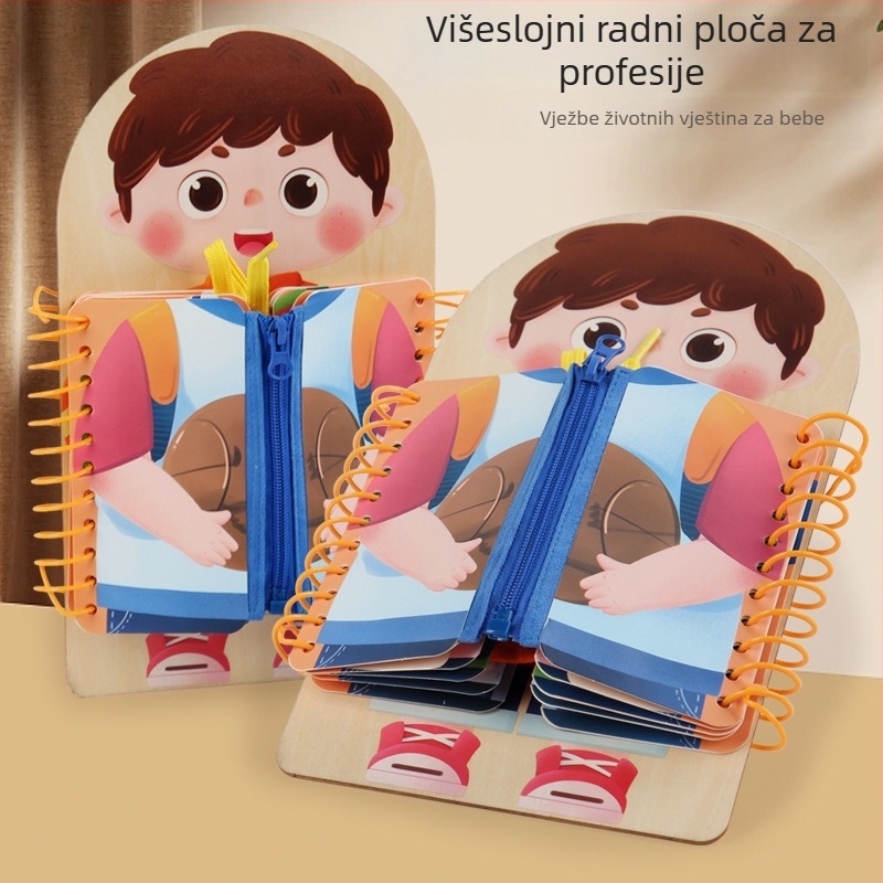 Drvena Montessori ploča za igru s više slojeva, gumbima i zatvaračima za razvojFine motorike, za djecu 4–6 godina.