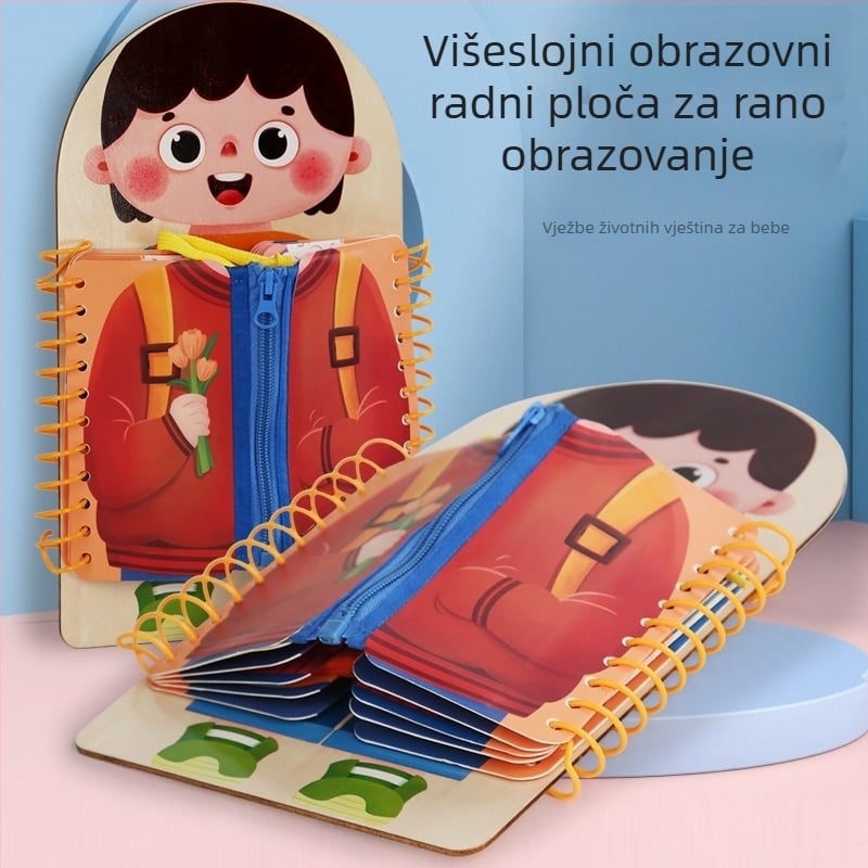 Drvena Montessori ploča za igru s više slojeva, gumbima i zatvaračima za razvojFine motorike, za djecu 4–6 godina.