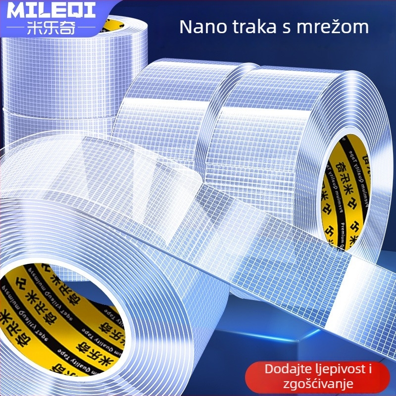 Nano mrežasta dvostrana traka, prozirna, periva akrilna ljepila; visoka viskoznost, snažno prianjanje, -20°C do 80°C.