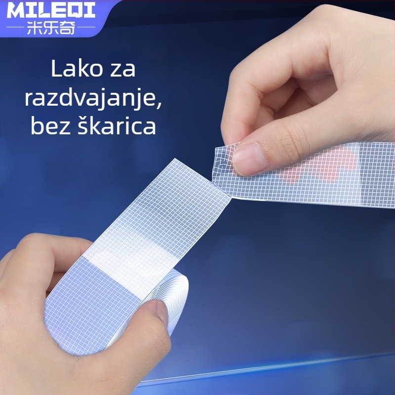Nano mrežasta dvostrana traka, prozirna, periva akrilna ljepila; visoka viskoznost, snažno prianjanje, -20°C do 80°C.