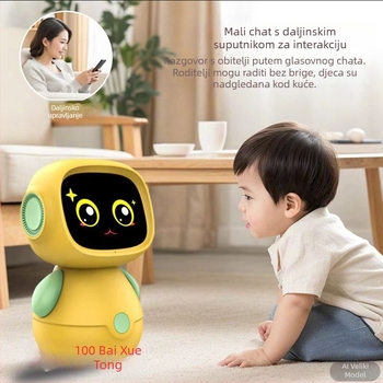 Obrazovno-interaktivni robot s glasovnim dijalogom — učenje kroz priče i pjesmice, LCD zaslon, prepoznavanje govora, glazba, emocionalna interakcija; baterijsko napajanje, za uzrast 7–14 godina.