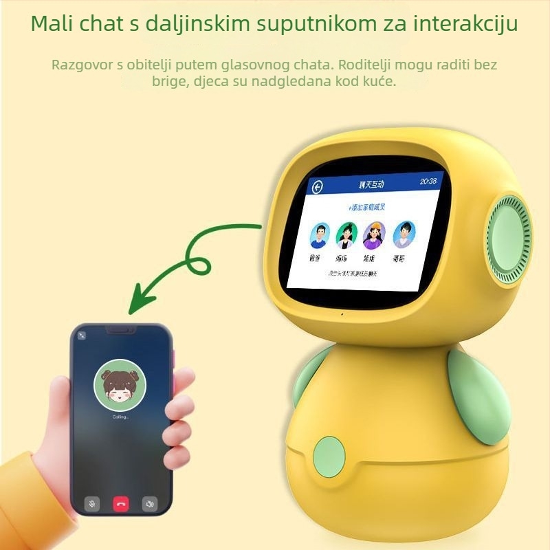 Obrazovno-interaktivni robot s glasovnim dijalogom — učenje kroz priče i pjesmice, LCD zaslon, prepoznavanje govora, glazba, emocionalna interakcija; baterijsko napajanje, za uzrast 7–14 godina.