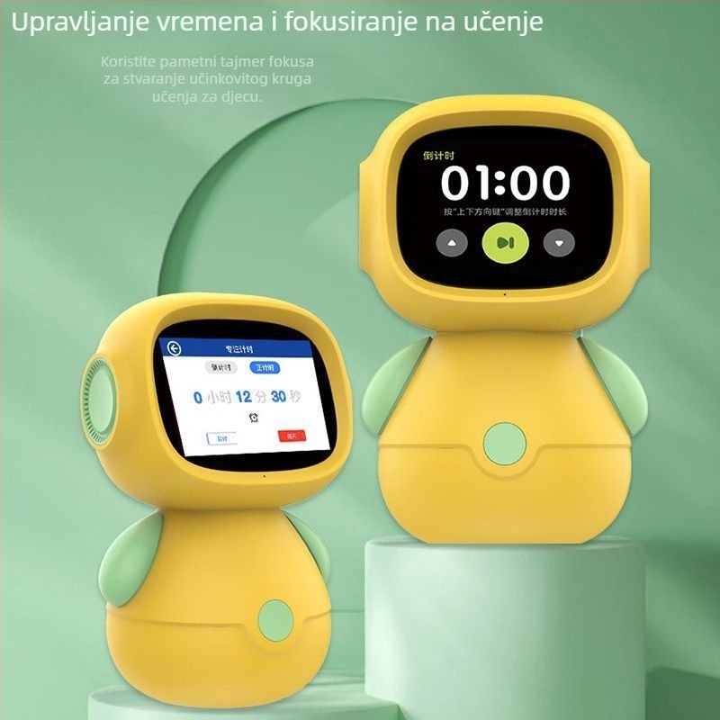 Obrazovno-interaktivni robot s glasovnim dijalogom — učenje kroz priče i pjesmice, LCD zaslon, prepoznavanje govora, glazba, emocionalna interakcija; baterijsko napajanje, za uzrast 7–14 godina.