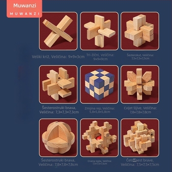 Drveni Kong Ming/Luban lock – edukativni puzzle s devet lanaca, u kutiji za poklon