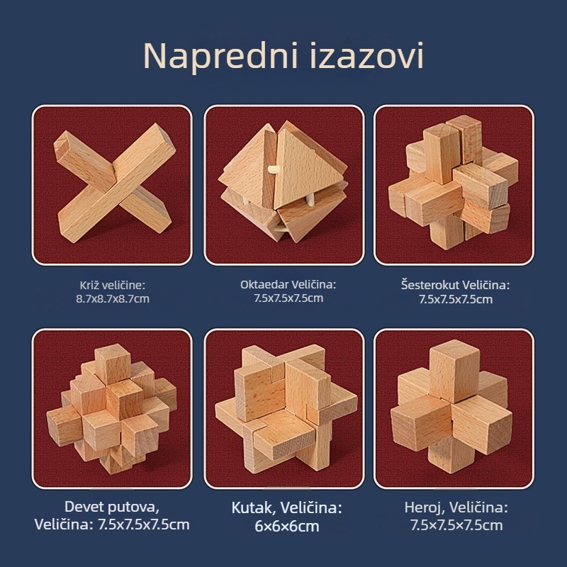 Drveni Kong Ming/Luban lock – edukativni puzzle s devet lanaca, u kutiji za poklon