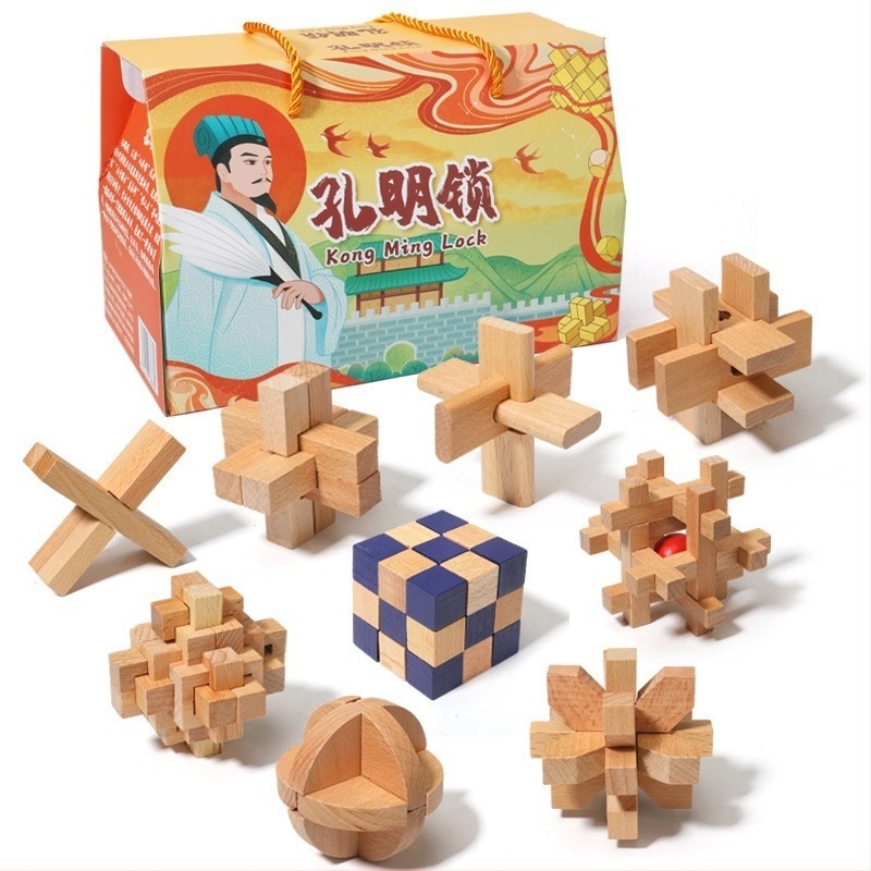 Drveni Kong Ming/Luban lock – edukativni puzzle s devet lanaca, u kutiji za poklon
