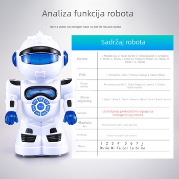 T1 pametni robot za rano obrazovanje s pričama i multifunkcionalnim autom • Materijal: ABS • Napajanje: baterije • Uzrast: 4–6 godina • Funkcije: električno, bljeskanje, glazba/zvuk