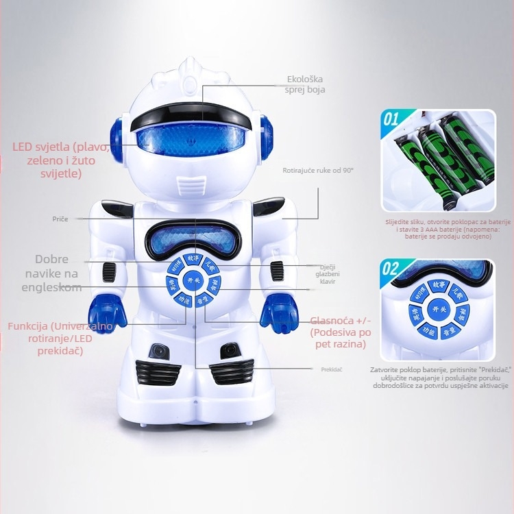 T1 pametni robot za rano obrazovanje s pričama i multifunkcionalnim autom • Materijal: ABS • Napajanje: baterije • Uzrast: 4–6 godina • Funkcije: električno, bljeskanje, glazba/zvuk