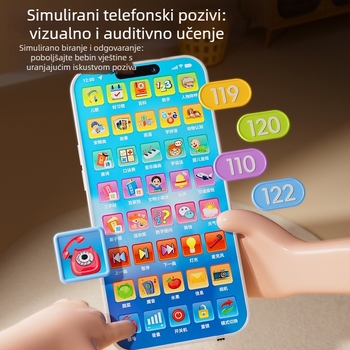 Dječji edukativni telefon — punjiva litijska baterija, plastični okvir, bez memorije, s glazbom, prikladno za uzrast 0–3 godina, potiče rukohodno-koordinaciju, vizualni i kognitivni razvoj