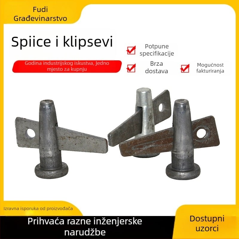 Građevinski pričvrsni elementi i pinovi — šuplje galvanizirane pozicionirajuće pinove, aluminijski oplatni pribor, trokutasti samozaključavajući pinovi, kaljeni