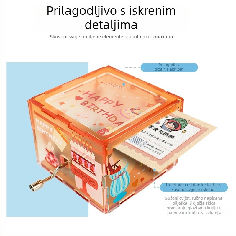 Akrilna ručno okretna kutija za glazbu, prilagođena, moderni umjetnički dizajn, moguć ispis logotipa