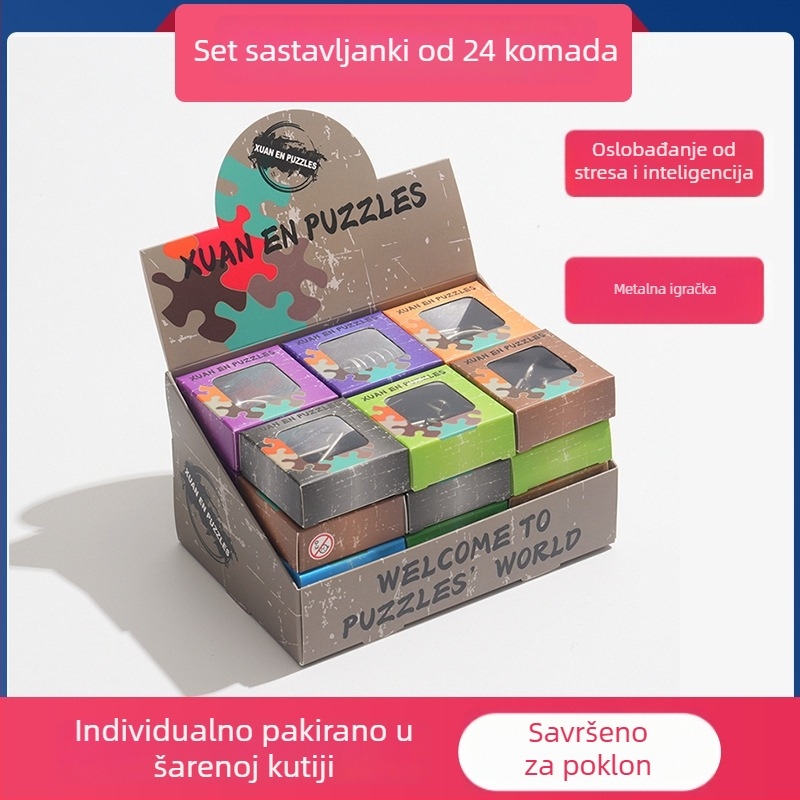 Intelektualno otključavanje: set od 24 metalnih dijelova slagalice, devet prstena, individualno pakirano u kutiji, za uzrast 7-14 godina