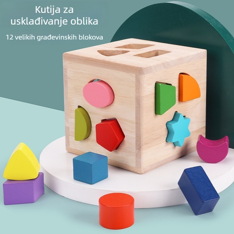 Drvena višefunkcionalna kocka za slaganje geometrijskih oblika — edukativna igračka za djecu 4–6 godina (Prilagodba: Da; Obrada: Logo OEM)