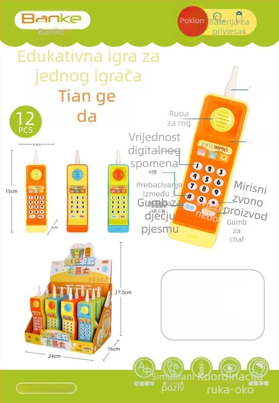 Dječji edukativni telefon-igrač s glazbom i zvukovima, plastično kućište, baterije, dimenzije 15×2×6.5 cm