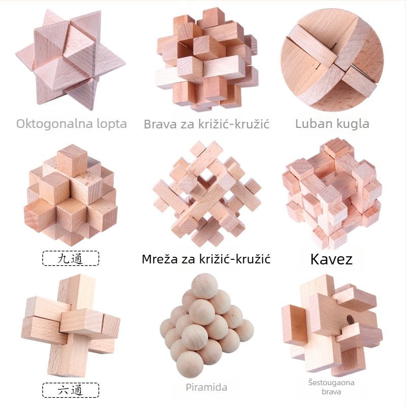 Drveni Kongming/Luban Lock set, 9 komada — edukativna zagonetka za otključavanje za djecu 7–14 godina