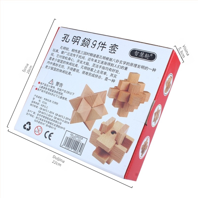 Drveni Kongming/Luban Lock set, 9 komada — edukativna zagonetka za otključavanje za djecu 7–14 godina