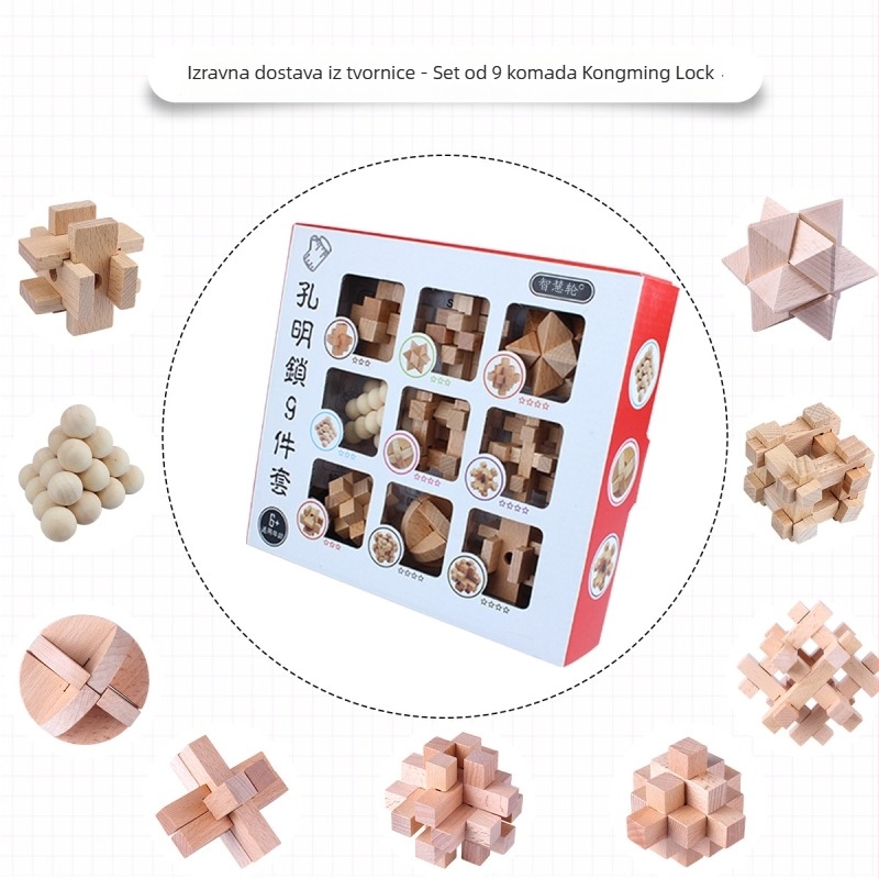 Drveni Kongming/Luban Lock set, 9 komada — edukativna zagonetka za otključavanje za djecu 7–14 godina