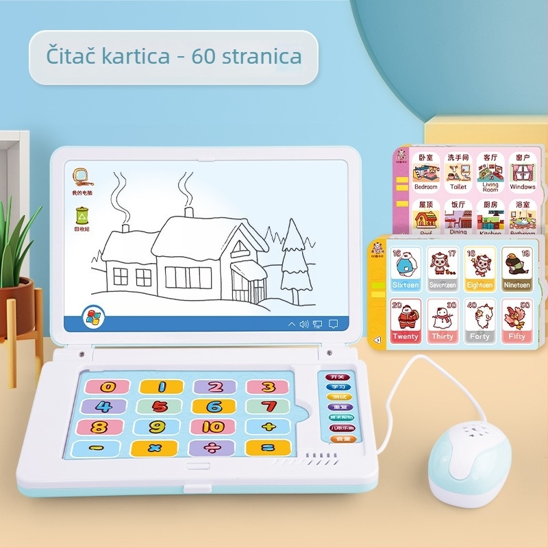 Učenjska mašina za djecu sa čitačom kartica, projekcijom i pločom za crtanje; memorija do 1 GB; napajanje obične baterije; uzrast 4–6 godina.