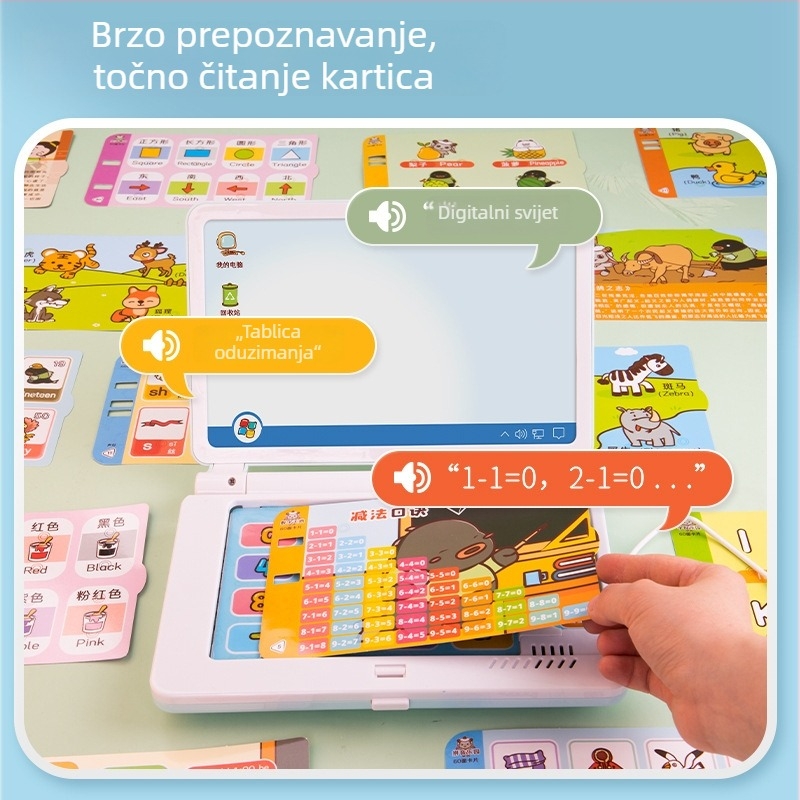 Učenjska mašina za djecu sa čitačom kartica, projekcijom i pločom za crtanje; memorija do 1 GB; napajanje obične baterije; uzrast 4–6 godina.